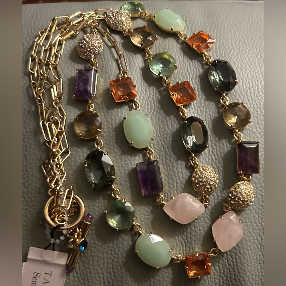 TALBOTS Layered, Gold Multi-Colored, Natural Stone & Glass, Collar Necklace New!